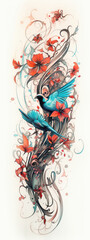 Illustration of two blue birds with red flowers in art nouveau style
