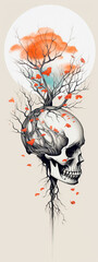 Skull with tree branches growing out and butterflies on branches