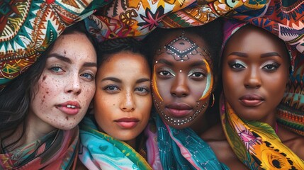 Women of different ethnicities wearing colorful head wraps and traditional face paint.

