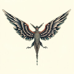 Mythical bird with intricate feather details and spread wings in tattoo design