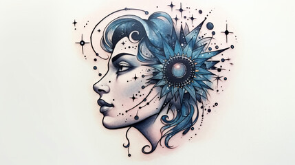 Woman surrounded by celestial symbols in intricate tattoo design