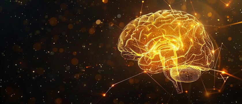 Mustard color digital hologram futuristic brain neuron link on a neuron connection, Artificial intelligence concept, isolated on black background