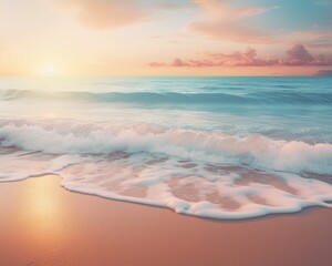 Serene beach sunset with gentle waves and a pastel-colored sky, capturing the peaceful essence of coastal beauty and tranquility.