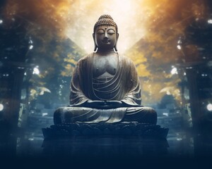 Serene Buddha statue illuminated by mystical light in tranquil surroundings, evoking spirituality, meditation, and peace.