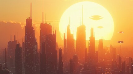 A futuristic cityscape, with towering skyscrapers and flying vehicles against a backdrop of a...