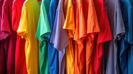 Hangers with bright clothes as background, close up, Rainbow colors,A row of many fresh new fabric cotton t-shirts in colorful rainbow colors hanging on clothes rail in wardrobe
