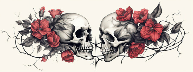 Two skulls with red flowers and vines in intricate tattoo design