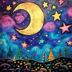 Whimsical night sky illustration with a glowing crescent moon, colorful stars, and abstract trees against a swirling midnight backdrop.