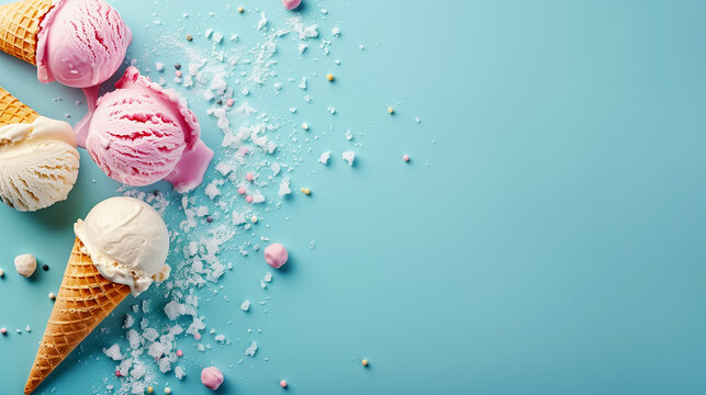 captivating advertising banner for ice cream featuring cones and delicious balls and negative space for text, advertisement marketing for ice cream promotion 