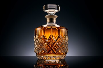 Luxurious cut glass whiskey decanter filled with amber liquid, showcased on a reflective surface