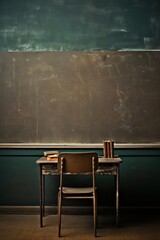 Photograph an empty classroom after school hours, portraying the eerie quietness, focus on, in an old school building, surreal, Composite, dusty chalkboard