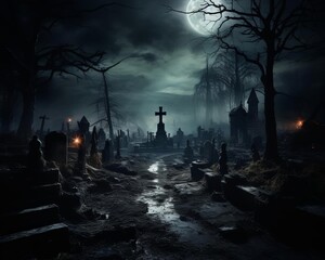 Portray an eerie moonlit path through a graveyard, emphasizing solitude and eeriness, focus on, in a secluded cemetery, ethereal, Double exposure, mistcovered graves