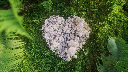 Delicate white fungi form a heart shape amid vibrant green moss and ferns, symbolizing love and sensitivity towards nature. 3d rendering