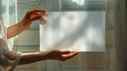 Hands Holding Translucent Card - Two hands holding a translucent white card with soft light and shadow effects in the background, enhancing the artistic feel of the photo.