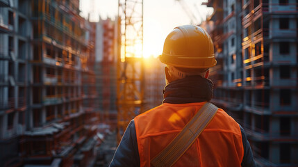 Obraz premium Construction operator in safety gear intensely watches a crane at a busy construction site