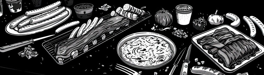 Monochrome illustration of diverse dishes on a table featuring sausages, pizza, sushi, coffee, and pumpkins for a meal or celebration.