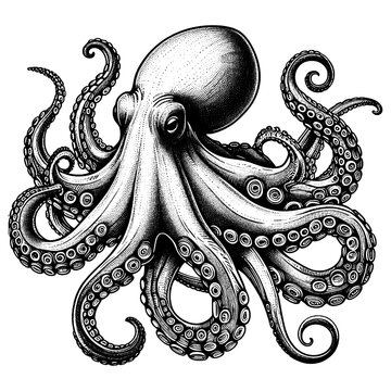 recommend clip art: octopus sea animal food with swirling tentacles and suction cups, in a classic engraving style sketch engraving generative ai PNG illustration. Scratch board imitation. Black and white image.