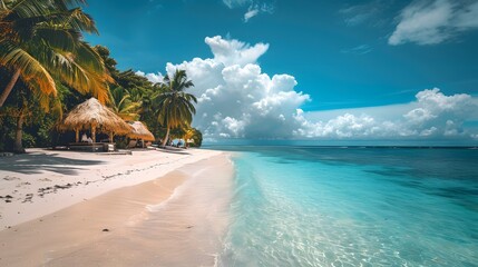 A beautiful tropical beach with white sand, palm trees and thatched huts on the shore. A...