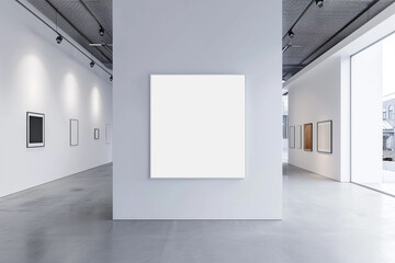 Minimalist gallery with a centered large square blank poster on a broad white wall, modern style.