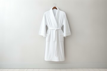 Minimalist image of a clean white bathrobe on a wooden hanger against a white wall