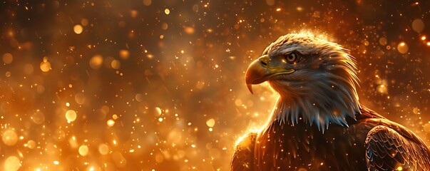 Close-up of a majestic bald eagle with its feathers ruffled by the wind, set against the backdrop of the stars and stripes of the American flag, symbolizing the nation's enduring spirit on Independenc