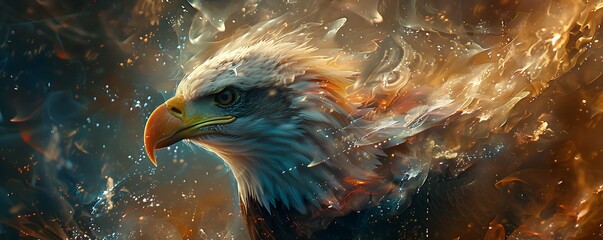 Close-up of a majestic bald eagle with its feathers ruffled by the wind, set against the backdrop of the stars and stripes of the American flag, symbolizing the nation's enduring spirit on Independenc