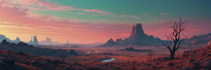 Naklejka premium An alien landscape featuring desolate, rocky terrain under an otherworldly sky with stars and planets
