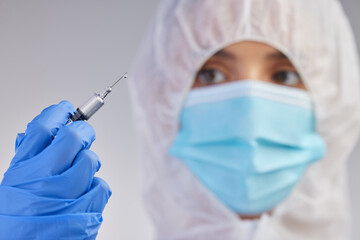 Ppe, nurse and needle in white studio background for vaccination, hospital safety and medical...