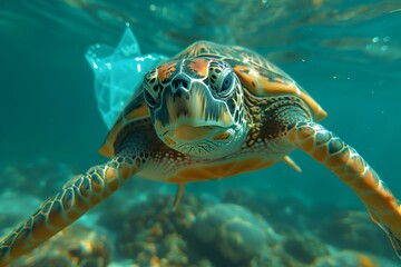 Obraz premium A turtle got tangled up in a bag of ocean waste. The concept of ocean waste, an underwater global problem with plastic trash.