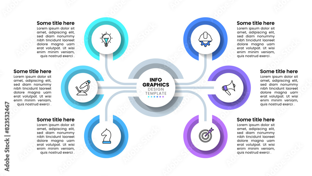 Sticker Infographic template. 6 connected circles to the center