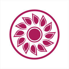 The image features a purple circle with leaves on white background