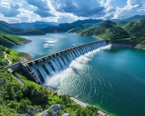 Aerial view of a large dam with water flowing over, surrounded by lush green mountains and a serene lake under a blue sky with clouds. - Powered by Adobe
