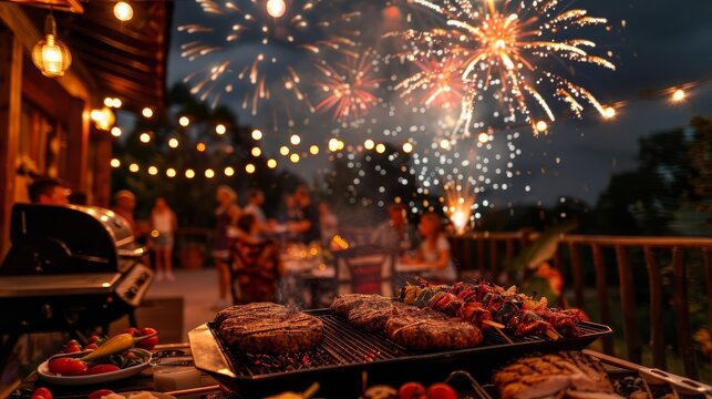 Festive backyard barbecue party at night with fireworks, grilled food, and string lights, capturing a joyful summer celebration under the stars.