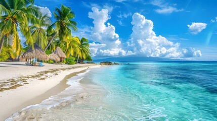 A beautiful tropical beach with white sand, palm trees and thatched huts on the shore. A crystalclear turquoise sea lines up along one side of the sandy expanse.
