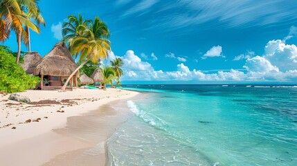 A beautiful tropical beach with white sand, palm trees and thatched huts on the shore. A crystalclear turquoise sea lines up along one side of the sandy expanse. 