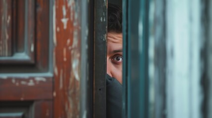 A young man with dark hair cautiously peeks from behind a partly open rusty door, his eyes wide and attentive.