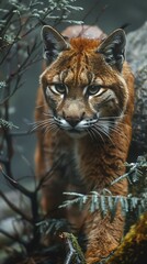Naklejka premium Within mistcovered forests of the Pacific Northwest a solitary cougar prowls through the dense underbrush