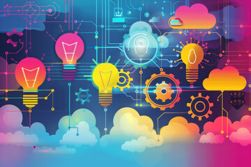 Obraz premium An illustration of lightbulbs and gears integrated with cloud icons, representing innovation and technological advancements driven by cloud computing. 