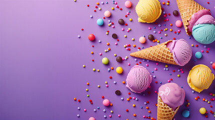 captivating advertising banner for ice cream featuring cones and delicious balls and negative space for text, advertisement marketing for ice cream promotion 