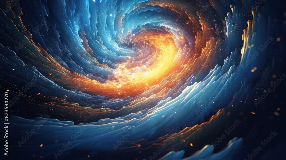 Poster vortex of digital particles swirling and morphing into a mesmerizing wave pattern,
