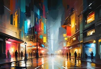 Vibrant Abstract Beauty of the city night life, watercolor illustration