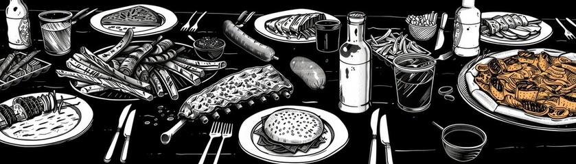 Black and white illustration of an American diner feast featuring hot dogs, ribs, burgers, fries, nachos, drinks, and condiments.