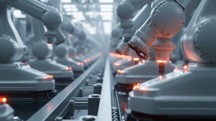 Multiple robotic arms illuminated in red operate on a conveyor in a high-tech manufacturing process.