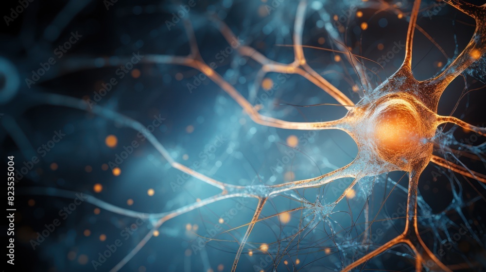 Poster a neuron cell with its intricate dendrites and axon, captured in stunning detail