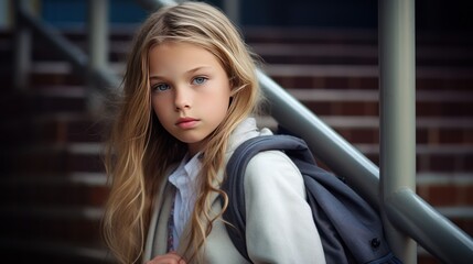 little white girl, her gaze fixed on the school entrance, 