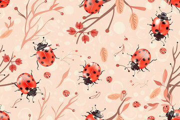 Cute ladybug pattern with red ladybugs and pink foliage on a light background, ideal for whimsical and nature-inspired designs