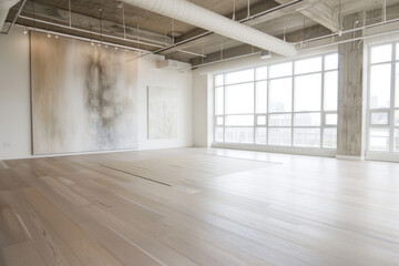 Obraz premium An elegant, minimalist yoga studio characterized by its simplicity and clean lines. The room has a muted color palette of soft grays and whites, with seamless, sleek wooden flooring. 
