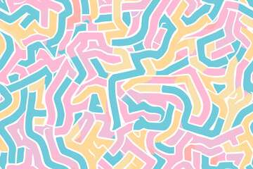 Abstract pastel-colored lines in a maze-like pattern, creating a seamless and playful background ideal for creative and modern designs