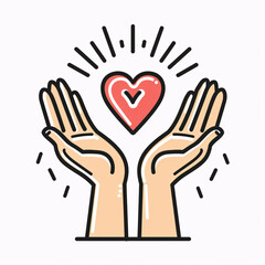 Illustration of two hands holding a heart with a checkmark, symbolizing care, love, and health support.