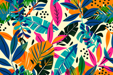 Seamless tropical leaves pattern in vibrant colors of pink, orange, blue, and green on a light background, ideal for bold and exotic decoration and summer designs